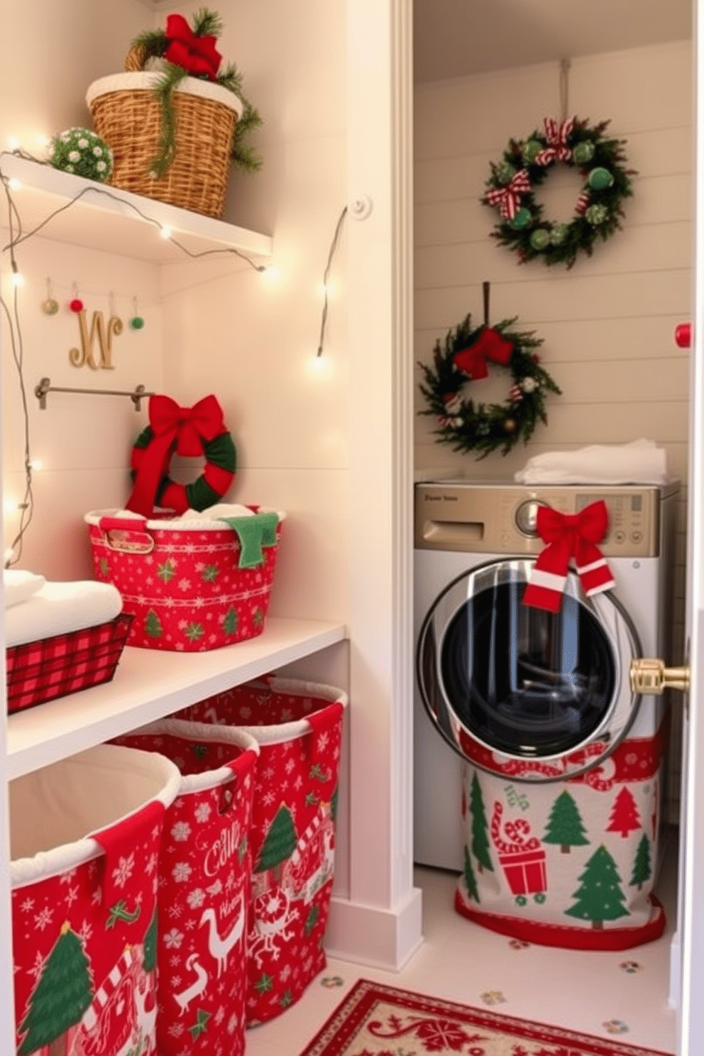 Create a cozy winter laundry room filled with holiday spirit. Include vibrant holiday-themed laundry baskets adorned with festive patterns and colors. The walls should be painted in a soft, warm white to enhance the cheerful atmosphere. Add decorative elements like string lights and seasonal wreaths to complete the festive look.