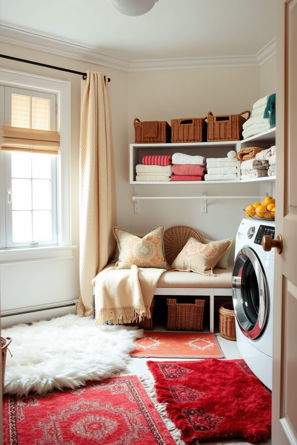 A cozy laundry room filled with layered textiles creates a warm atmosphere. Soft, fluffy rugs are placed on the floor, while colorful throw pillows adorn a comfortable bench by the window. The walls are painted in a soft pastel hue to enhance the inviting vibe. Shelves are lined with neatly folded towels and baskets filled with cozy blankets, adding both functionality and charm.