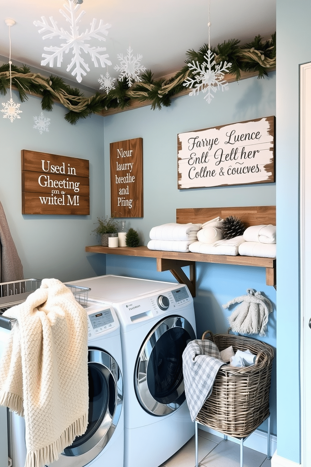 A cozy laundry room featuring personalized signs adorned with winter quotes. The walls are painted in a soft icy blue, and decorative snowflakes hang from the ceiling, creating a festive atmosphere. The laundry area includes a rustic wooden shelf displaying neatly folded towels and seasonal decorations. A warm throw blanket drapes over a wicker basket filled with laundry essentials, adding a touch of comfort to the space.