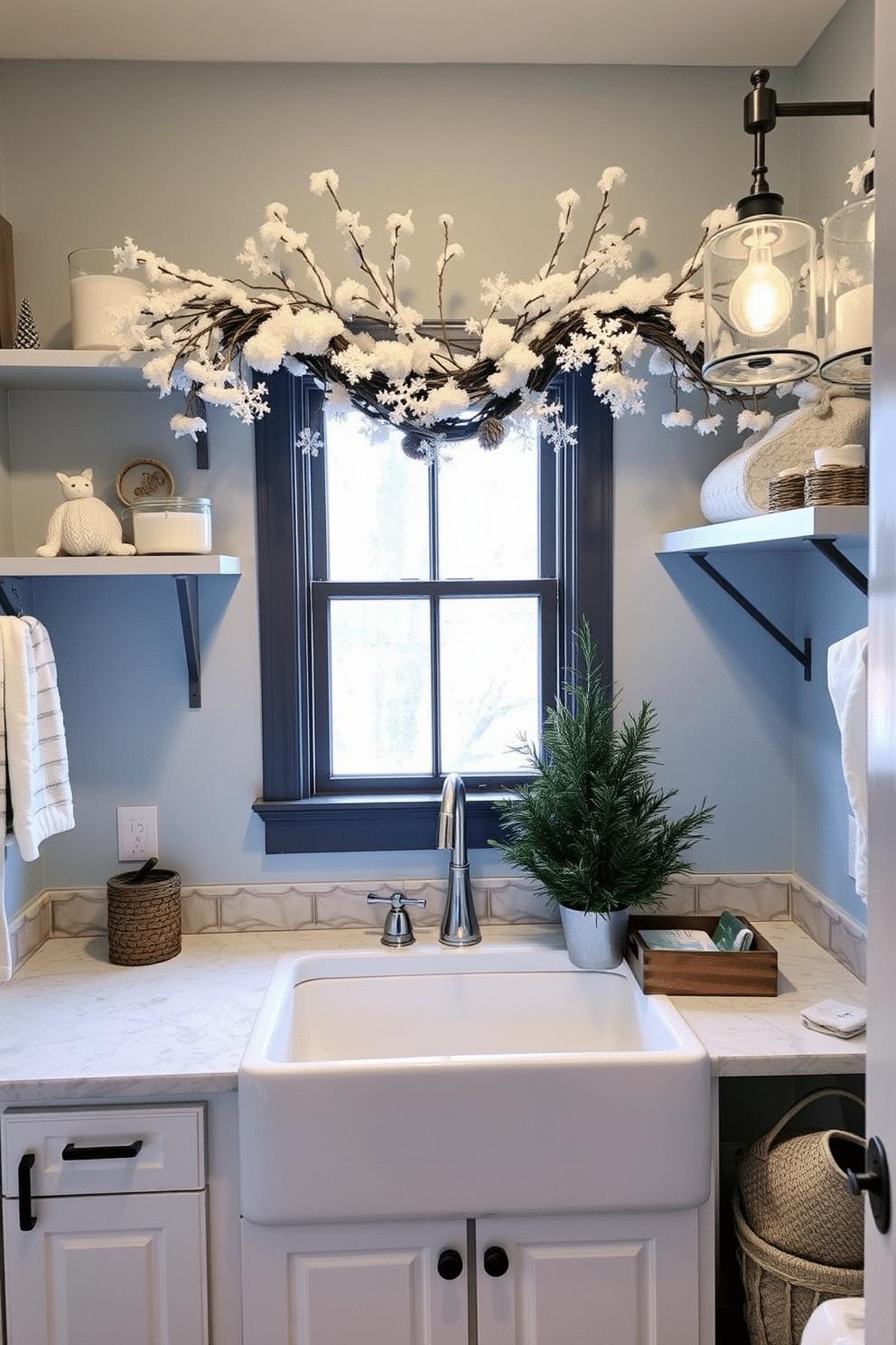 A cozy winter laundry room featuring faux snow accents in the decor. The walls are painted a soft blue, and the shelves are adorned with white faux snow-covered branches and pinecones. A large farmhouse sink sits beneath a window, with a decorative garland of faux snowflakes draped above. The countertop is decorated with a rustic wooden tray holding laundry supplies and a small potted evergreen.