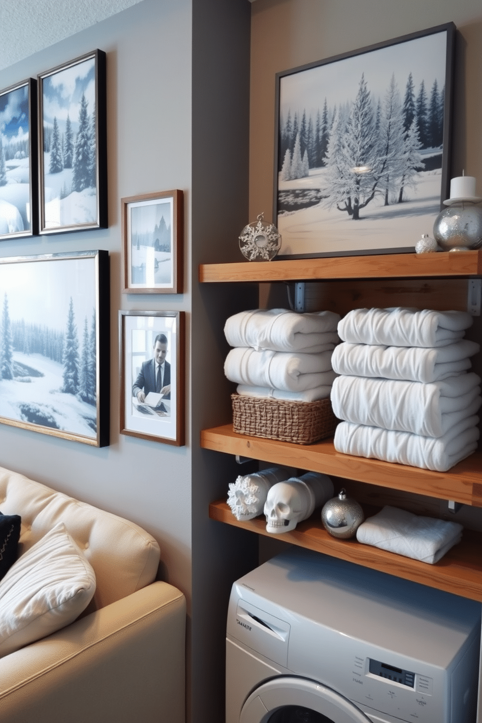 Seasonal wall art featuring winter themes. A cozy living room adorned with framed prints of snowy landscapes and frosty trees, complemented by a warm color palette of deep blues and whites. Winter laundry room decorating ideas. Bright white cabinetry contrasts with rustic wooden shelves, showcasing neatly folded towels and winter-themed decor like snowflake ornaments.