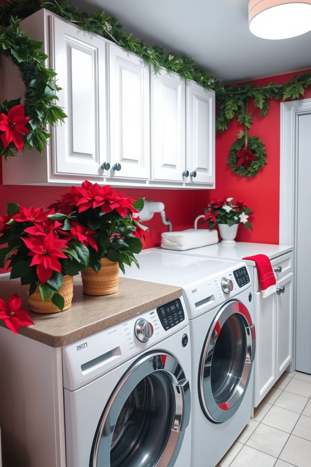 A cozy winter laundry room adorned with seasonal plants like vibrant poinsettias and lush holly. The space features a functional washer and dryer set, surrounded by white cabinetry and a cheerful red accent wall.