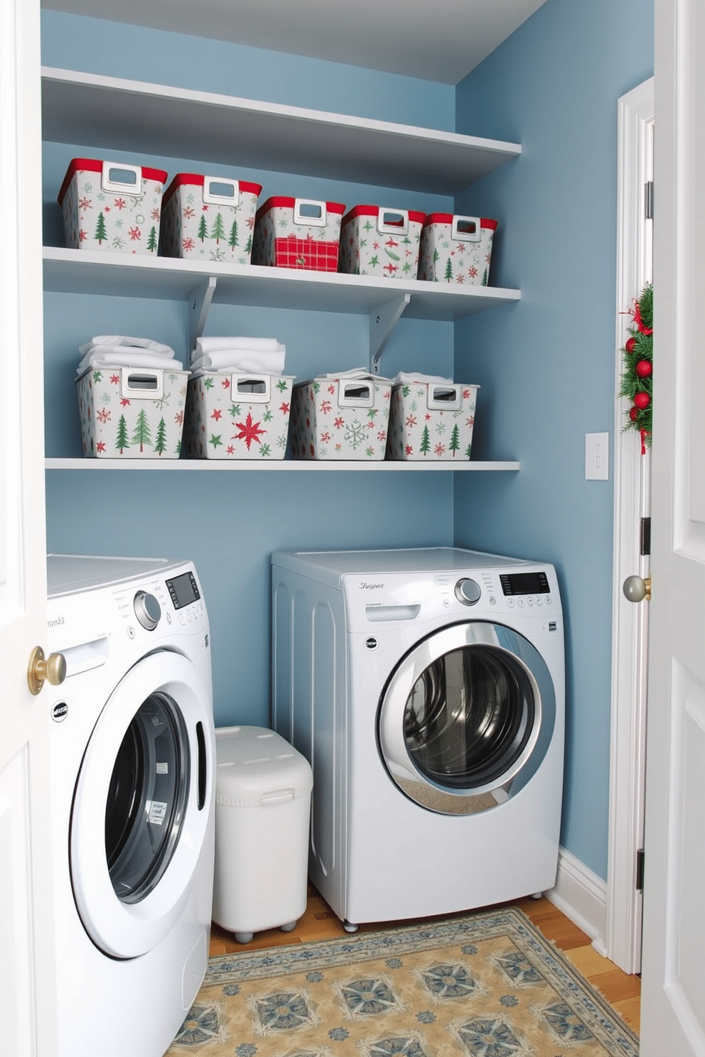 Decorative storage bins in festive patterns are arranged neatly on open shelving in the winter laundry room. The walls are painted a soft blue, creating a cozy atmosphere, while a patterned rug adds warmth to the space.