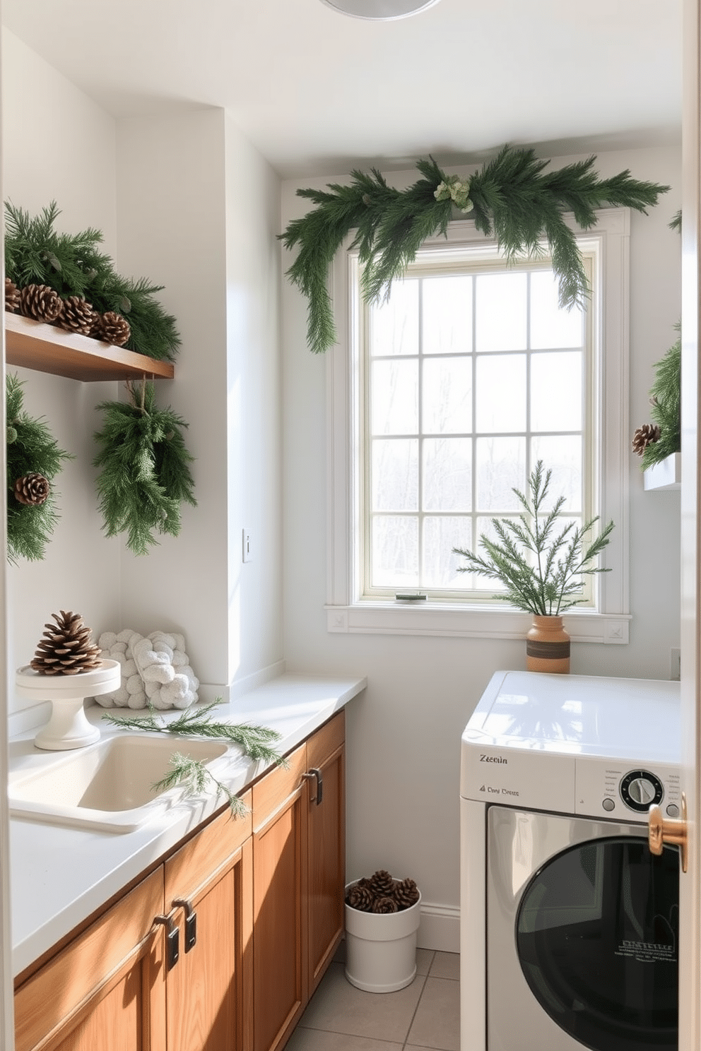 A cozy winter laundry room adorned with pinecone and evergreen accents. The counters are decorated with small pinecone arrangements and fresh evergreen sprigs, creating a warm and inviting atmosphere. The walls are painted in a soft white hue, while the cabinetry features a rustic wood finish. A large window allows natural light to flood the space, highlighting the seasonal decorations and adding to the cheerful ambiance.