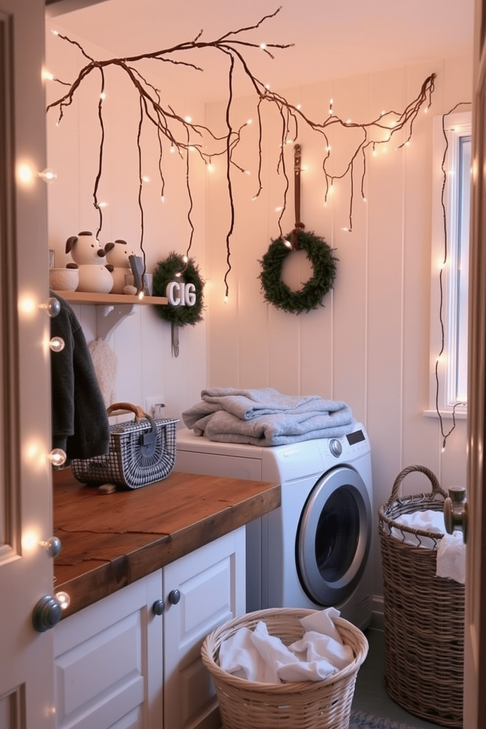 A cozy winter laundry room adorned with hanging fairy lights that create a warm and inviting glow. The walls are painted in a soft pastel color, and the space features a rustic wooden countertop for folding clothes, complemented by a vintage-style laundry basket.