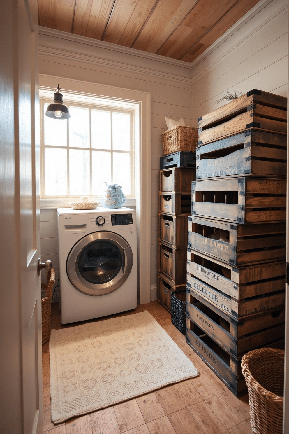 A cozy winter laundry room features vintage wooden crates stacked neatly in the corner, adding rustic charm to the space. Soft, warm lighting illuminates the room, highlighting the natural wood tones and creating an inviting atmosphere.