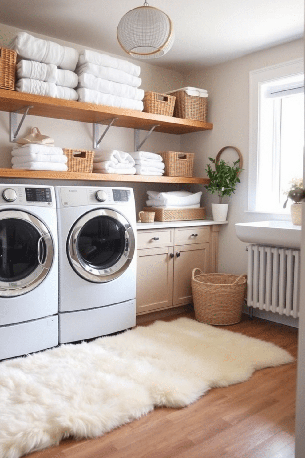 A cozy winter laundry room features a large faux fur rug in a soft cream color, providing warmth and comfort underfoot. The walls are painted in a light pastel hue, and the space is brightened with natural light from a nearby window. Stylish storage solutions include wooden shelves adorned with neatly folded towels and decorative baskets. A small potted plant adds a touch of greenery, enhancing the inviting atmosphere of the room.