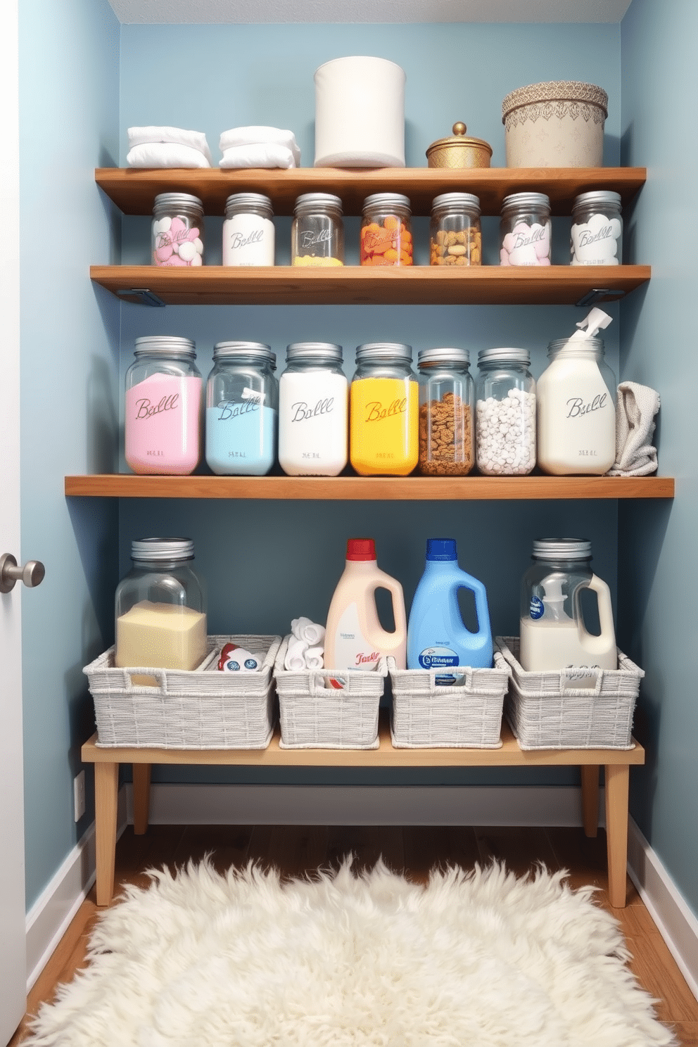 A cozy winter laundry room featuring mason jar storage for laundry essentials. The jars are neatly arranged on a wooden shelf, filled with colorful laundry detergents and fabric softeners. The walls are painted in a soft, icy blue, creating a serene atmosphere. A plush white rug lies on the floor, adding warmth and comfort to the space.