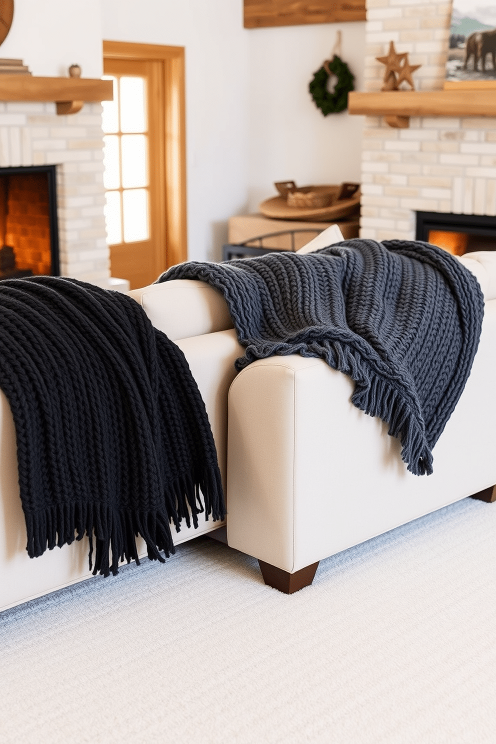 Cozy knit throw blankets are draped over plush sofas, adding warmth and texture to the space. The room features a soft color palette with natural wood accents and a crackling fireplace, creating an inviting atmosphere for winter gatherings.