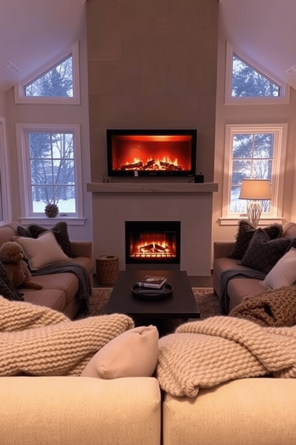 A winter living room features an electric fireplace that casts a warm and inviting glow throughout the space. Plush seating is arranged around the fireplace, creating an intimate atmosphere perfect for relaxation and gatherings. The walls are adorned with soft, neutral tones that enhance the cozy feel of the room. Large windows allow natural light to filter in, while layered textiles such as wool throws and knitted cushions add warmth and comfort.