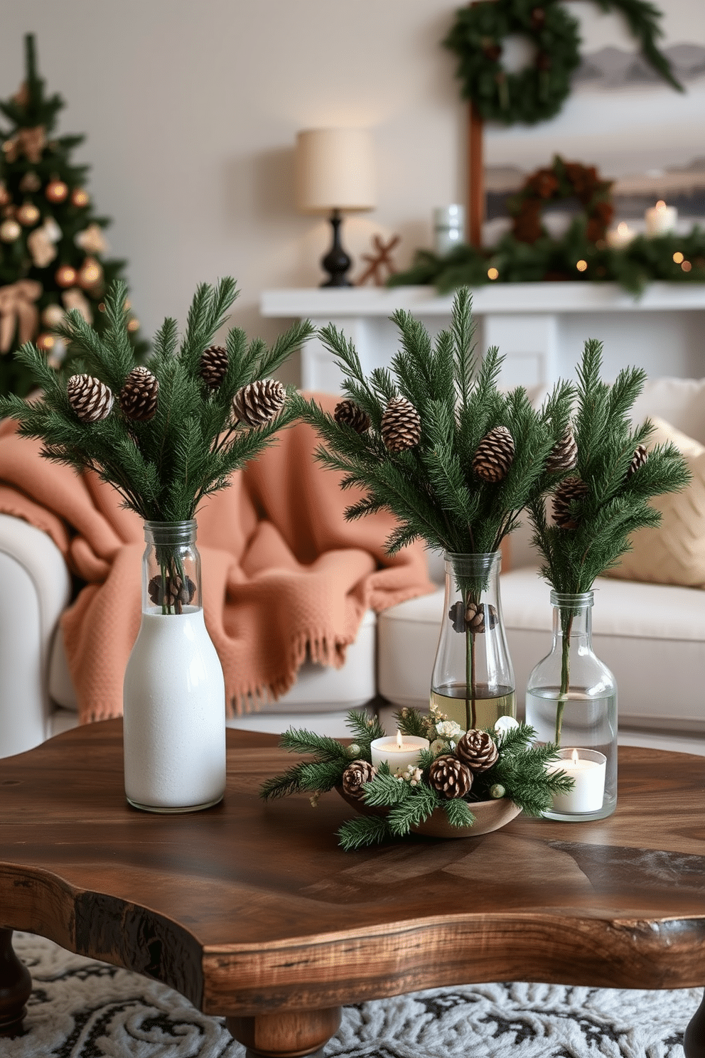 A cozy winter living room adorned with seasonal greenery in decorative vases. The vases are filled with evergreen branches and pinecones, adding a touch of nature to the space. The room features a plush, oversized sofa draped with a soft throw blanket in warm tones. A rustic coffee table sits in front, decorated with candles and a small arrangement of seasonal flowers.