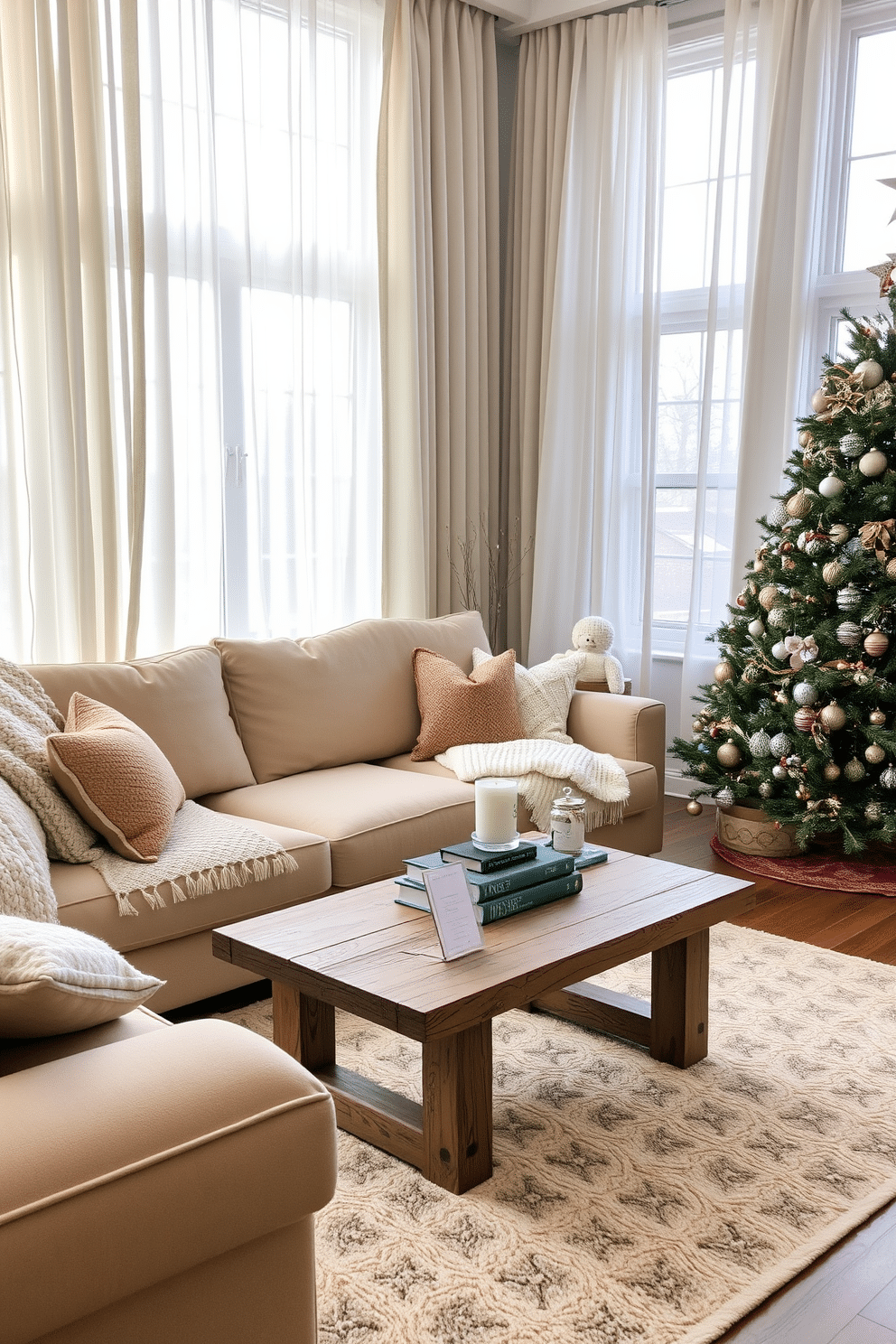 A cozy winter living room features soft, sheer curtains that gently filter the natural light streaming through the large windows. The room is adorned with a plush, oversized sofa in a warm neutral tone, complemented by a mix of textured throw pillows and a chunky knit blanket draped over one arm. A rustic wooden coffee table sits at the center, topped with a stack of art books and a fragrant candle. The floor is layered with a soft area rug that adds warmth, while a beautifully decorated Christmas tree in the corner brings a festive touch to the space.