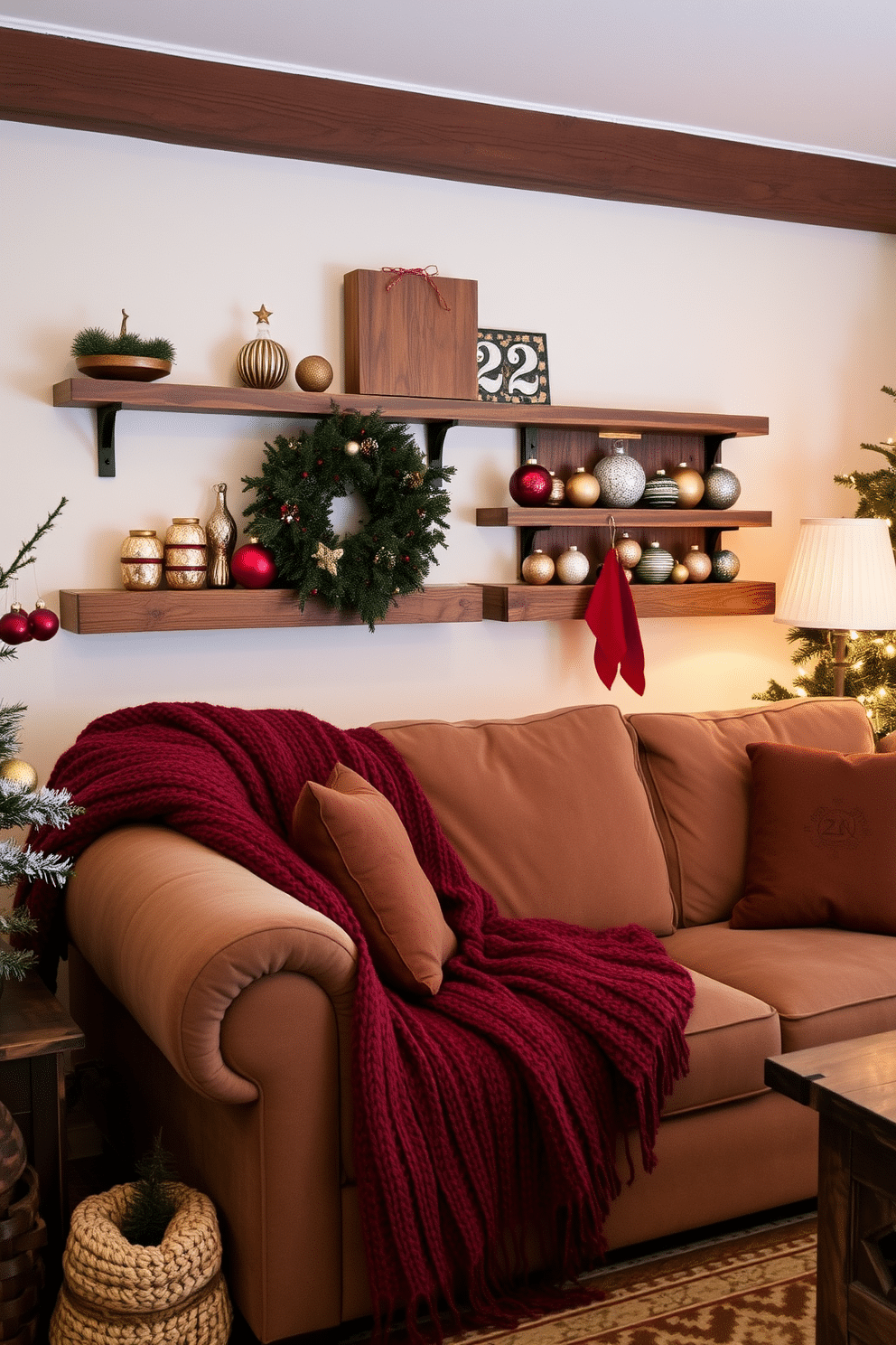 A cozy winter living room adorned with vintage ornaments displayed on rustic wooden shelves. The room features a plush sofa draped with a knitted throw, complemented by a warm color palette of deep reds and earthy browns.