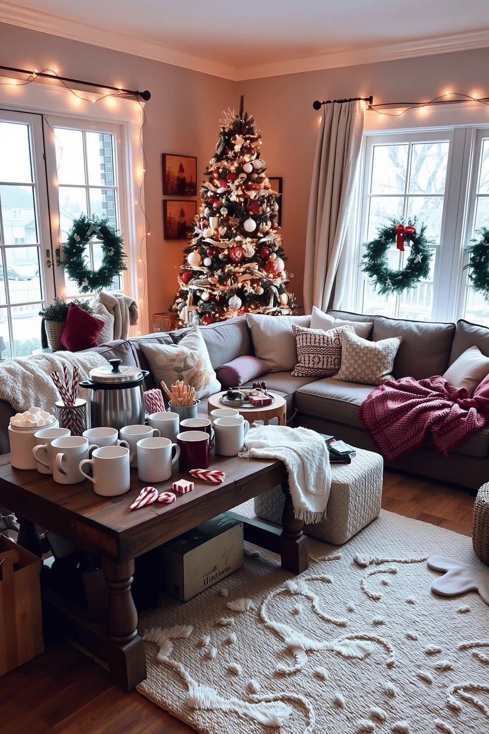 A cozy hot cocoa station is set up in the corner of a winter-themed living room. The station features a rustic wooden table adorned with an array of mugs, a steaming pot of cocoa, and an assortment of treats like marshmallows and peppermint sticks. The living room is decorated with soft, plush blankets draped over a large sectional sofa. Twinkling fairy lights are strung across the windows, and a beautifully decorated Christmas tree stands proudly in the background, creating a warm and inviting atmosphere.