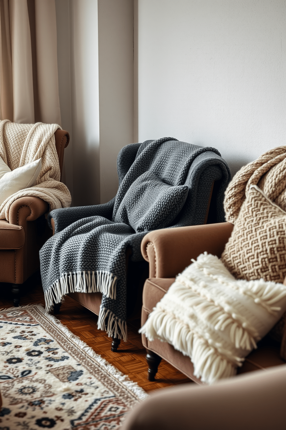 A cozy winter living room setting featuring chairs and sofas adorned with layered blankets in various textures and colors. The blankets are casually draped, inviting warmth and comfort, while soft throw pillows add an extra touch of coziness.