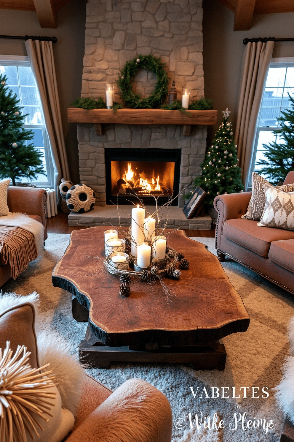 A cozy winter living room adorned with natural elements. The space features a rustic wooden coffee table surrounded by plush seating, with pinecones and branches artfully arranged as centerpieces. Soft, warm lighting creates an inviting atmosphere. A fireplace with a stone surround adds to the charm, while seasonal greenery enhances the decor.