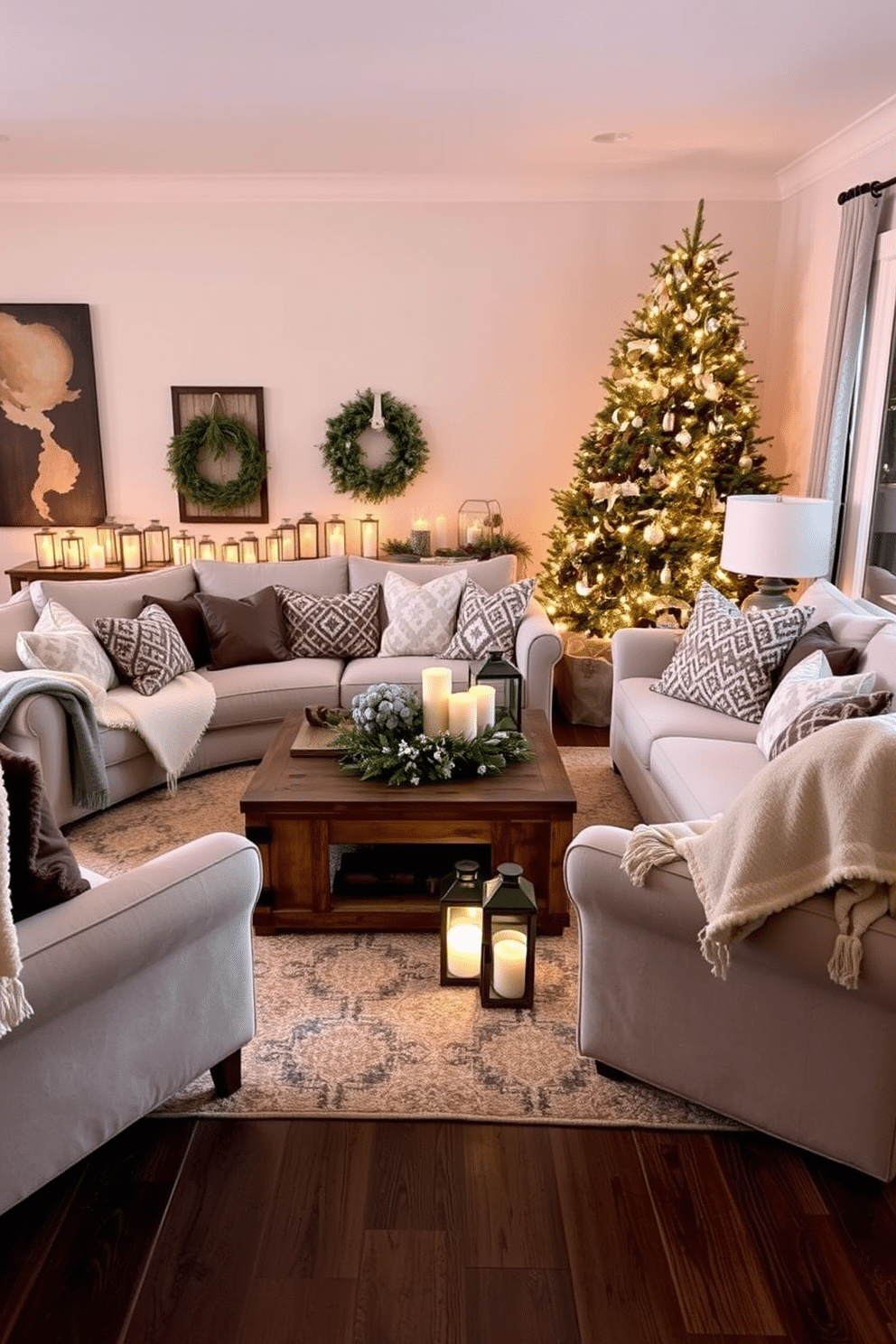 A cozy winter living room features decorative lanterns scattered throughout the space, casting a warm and inviting glow. Plush seating is arranged around a rustic wooden coffee table, with soft blankets draped over the arms of the chairs. The walls are adorned with seasonal artwork, and a beautifully decorated evergreen tree stands in the corner. A large area rug anchors the seating area, adding texture and warmth to the overall design.