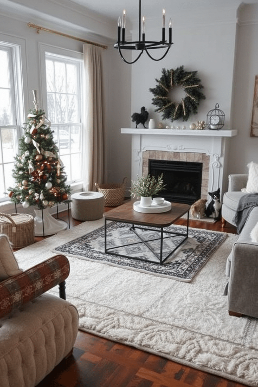 A cozy winter living room features layered rugs that add warmth and texture to the space. The base rug is a large, soft neutral tone while a smaller, patterned rug sits atop, creating visual interest and comfort underfoot.