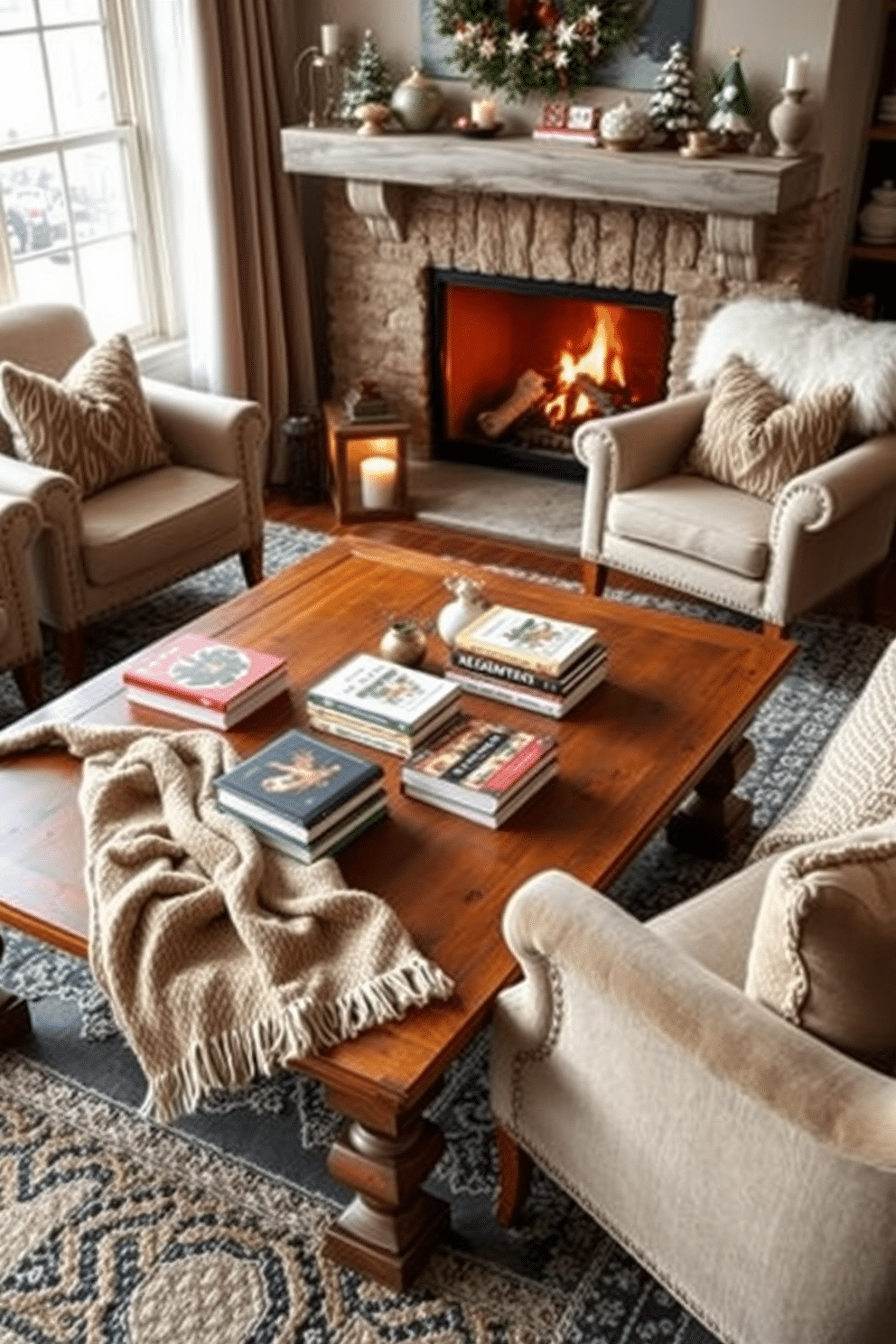 A cozy winter living room featuring a large wooden coffee table adorned with seasonal books and a warm throw blanket. Plush armchairs with soft cushions are positioned around the table, creating an inviting atmosphere for reading and relaxation.