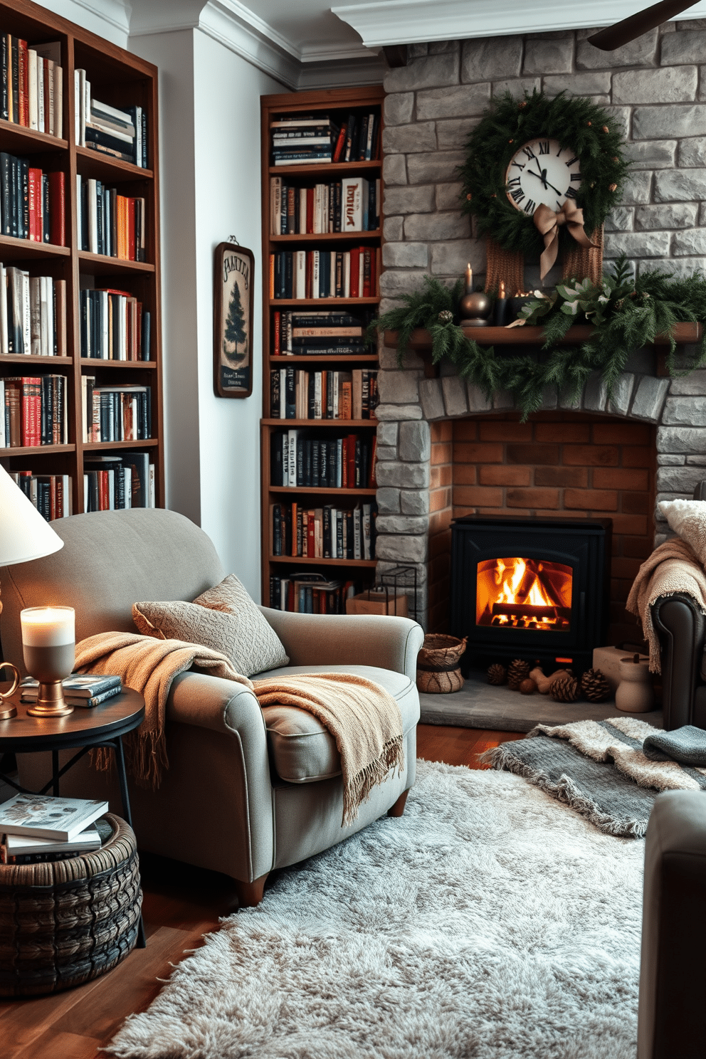 A cozy reading nook features a plush armchair upholstered in soft fabric, positioned next to a tall bookshelf filled with an array of books. A warm throw blanket drapes over the armrest, and a small side table holds a steaming cup of tea and a reading lamp with a soft glow. The winter living room is adorned with rich textures, including a thick area rug and layered blankets on the sofa. A crackling fireplace serves as the focal point, surrounded by seasonal decor such as pinecones and evergreen branches for a festive touch.