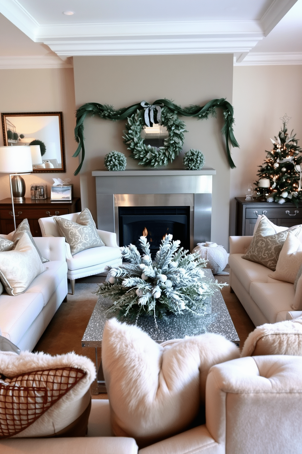 A winter living room adorned with muted metallic accents creates an atmosphere of elegance and warmth. Plush furniture in soft neutrals is complemented by metallic throw pillows and a shimmering coffee table. The fireplace is framed with a sleek metallic surround, adding a touch of sophistication to the cozy space. Soft, layered lighting enhances the ambiance, while a beautifully arranged winter-themed centerpiece graces the coffee table.