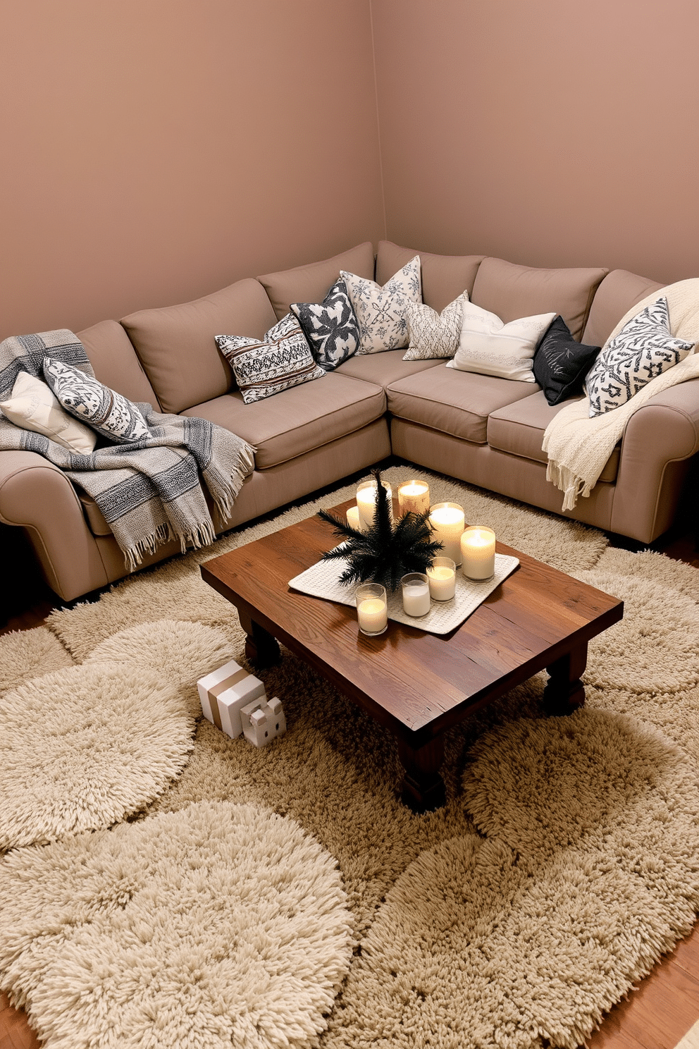 A cozy winter living room featuring plush throw rugs in various shades of white and gray. The space is adorned with a large, inviting sectional sofa draped with soft blankets and accented by decorative pillows in winter patterns. The walls are painted in a warm neutral tone, creating a comforting backdrop for the seasonal decor. A rustic coffee table sits at the center, surrounded by candles and a small evergreen centerpiece, enhancing the winter ambiance.