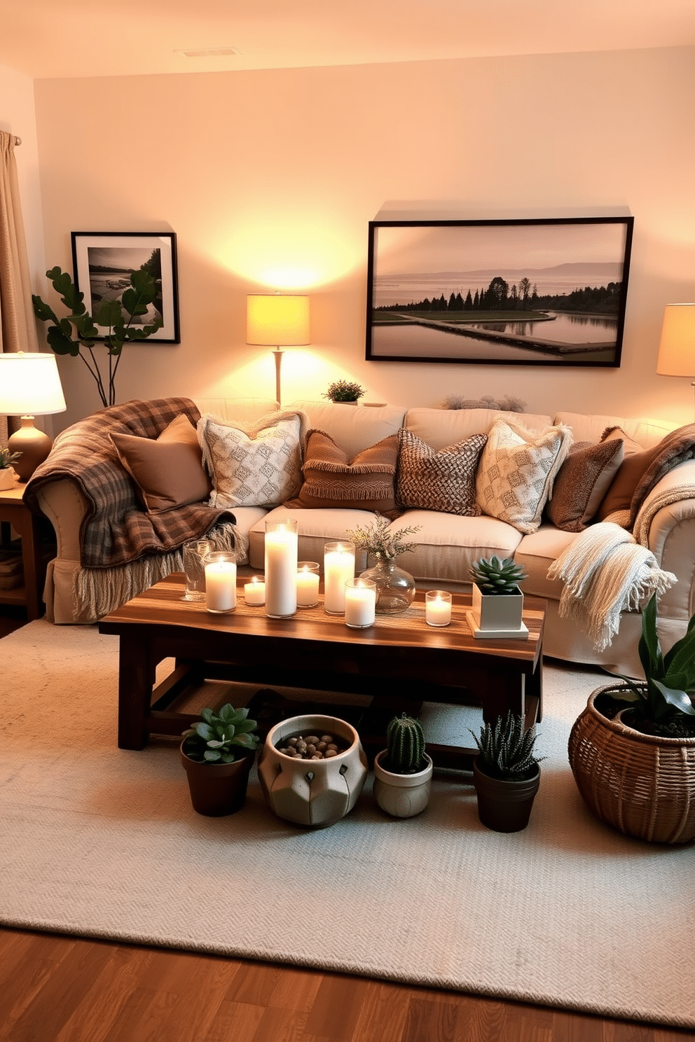 A hygge-inspired living room features a plush, oversized sofa adorned with soft, textured throw blankets and an array of cozy pillows. The warm, ambient lighting comes from a combination of table lamps and candles placed on a rustic wooden coffee table, creating an inviting atmosphere. A large area rug with a neutral color palette anchors the seating area, while a collection of potted plants adds a touch of nature. The walls are adorned with framed art that reflects serene landscapes, enhancing the overall sense of calm and comfort.