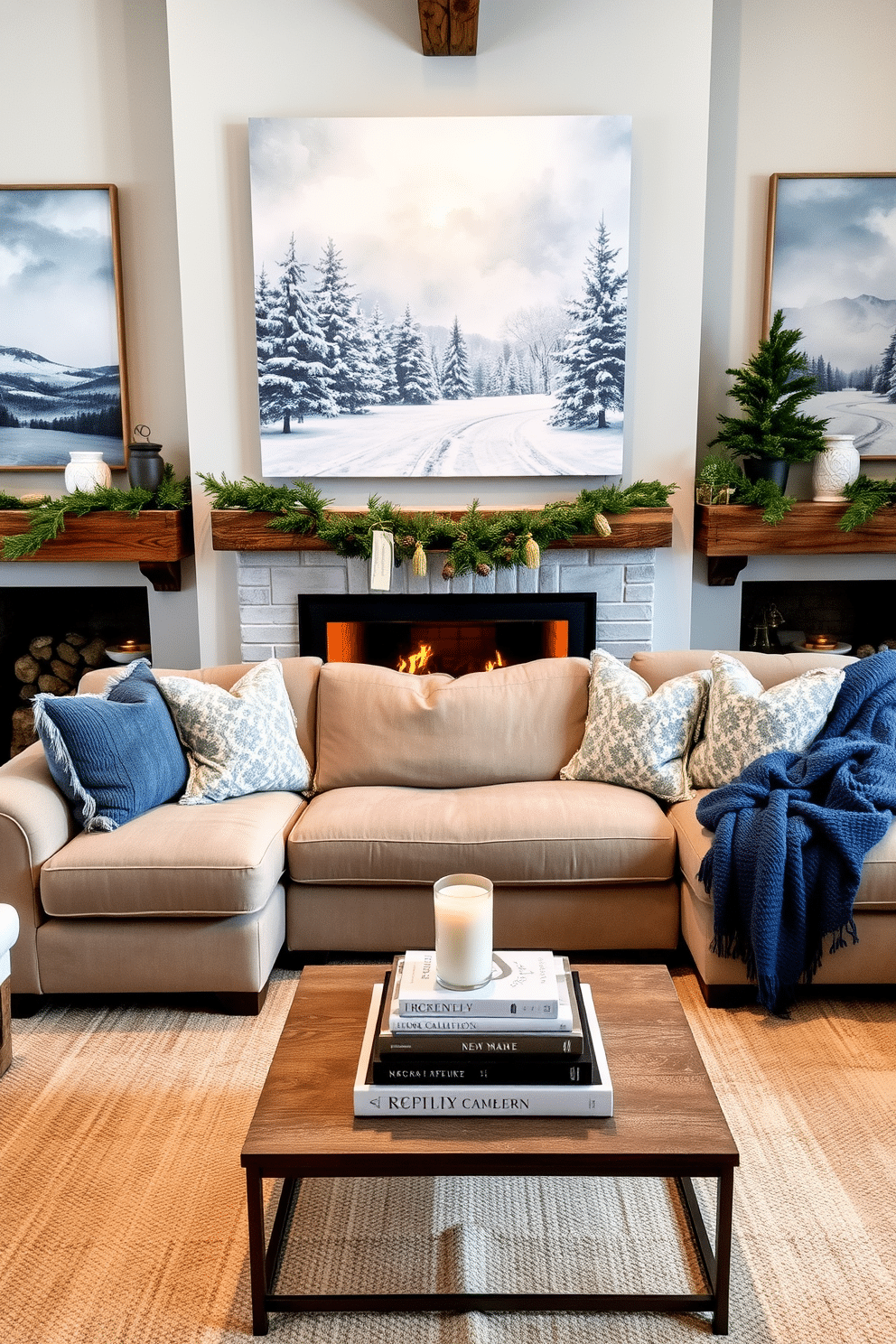 A cozy winter living room adorned with artwork featuring snowy landscapes. A large canvas depicting a serene winter scene hangs above a plush sectional sofa, complemented by soft throw pillows in shades of icy blue and white. The fireplace is framed by rustic wooden mantelpieces, decorated with pinecones and evergreen garlands. A warm area rug in neutral tones anchors the space, while a stylish coffee table holds a stack of winter-themed books and a scented candle.