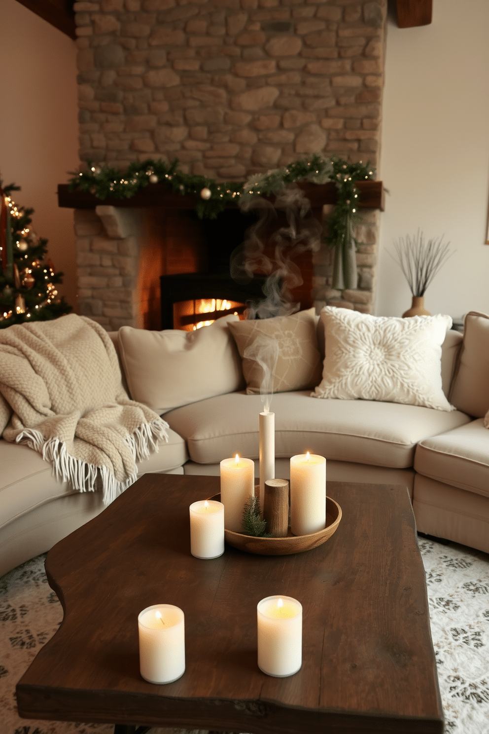 A cozy winter living room adorned with seasonal scents. Plush blankets drape over a large sectional sofa, while a stylish diffuser releases notes of pine and cinnamon into the air. A rustic coffee table sits in front of the sofa, topped with an arrangement of candles in varying heights. The walls are painted a soft cream, and a warm, inviting fire crackles in the stone fireplace, enhancing the seasonal atmosphere.