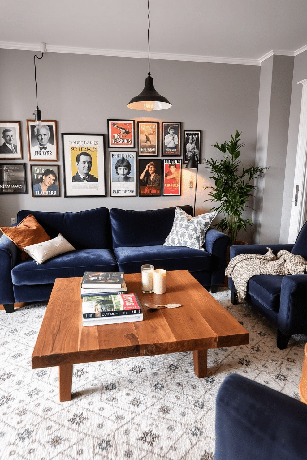 A cozy winter living room that blends vintage and modern decor. A plush velvet sofa in deep navy is paired with a reclaimed wood coffee table adorned with a stack of art books and a scented candle. On the walls, a gallery of framed vintage posters contrasts with sleek modern lighting fixtures. A large area rug with a geometric pattern anchors the space, while a tall potted plant adds a touch of greenery in the corner.