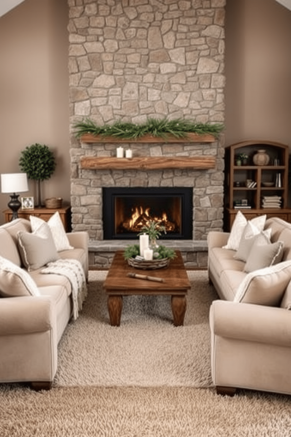 A cozy winter living room adorned in a warm neutral color palette. Plush beige sofas are arranged around a rustic wooden coffee table, complemented by soft cream throw pillows and a knitted blanket. A large stone fireplace serves as the focal point, with a wooden mantel decorated with seasonal greenery and candles. The walls are painted in a soft taupe, and a thick area rug in muted tones anchors the space, adding warmth and texture.