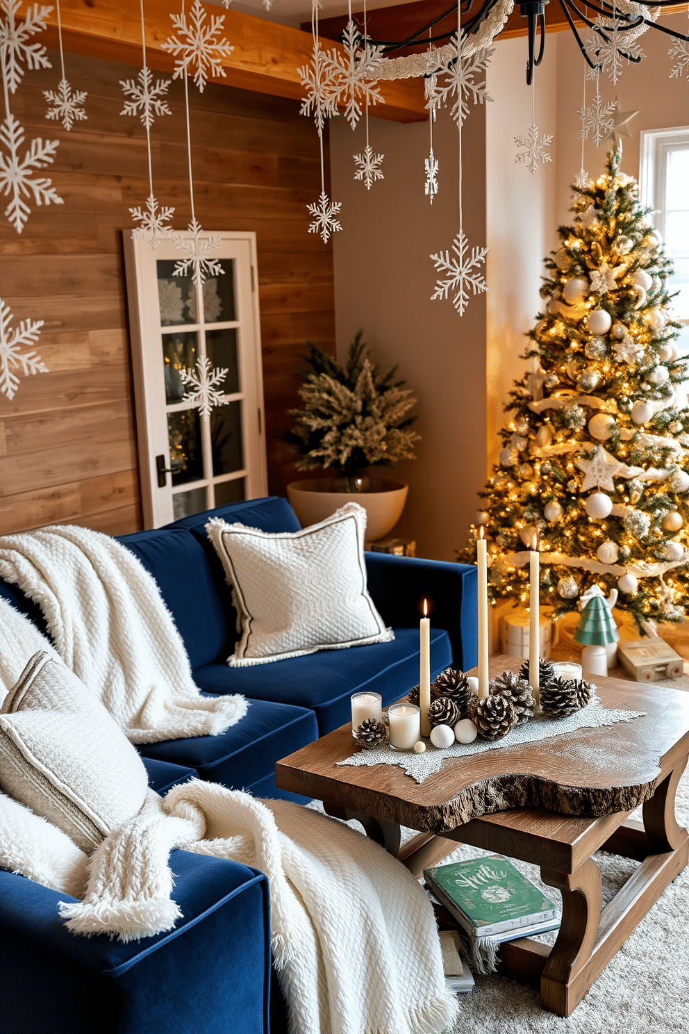 A cozy winter living room adorned with faux snow accents creates a festive atmosphere. Plush white throw blankets drape over a deep blue velvet sofa, while faux snowflakes hang delicately from the ceiling. A beautifully decorated Christmas tree stands in the corner, its branches dusted with faux snow and twinkling lights. A rustic wooden coffee table is topped with a centerpiece of pinecones, candles, and small snow-covered figurines.