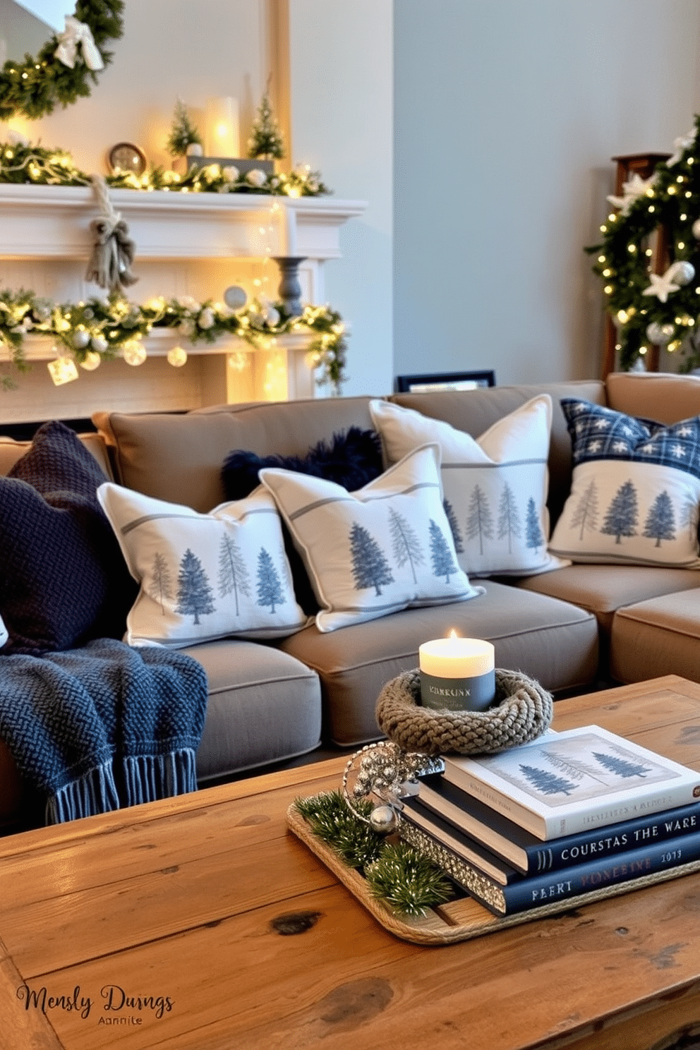 Decorative pillows with winter themes are arranged on a plush sectional sofa, featuring a mix of soft textures and cozy patterns. The color palette includes deep blues, crisp whites, and warm grays, evoking a serene winter atmosphere. The living room is adorned with twinkling fairy lights draped across the mantel, creating a warm and inviting glow. A rustic coffee table holds a stack of holiday-themed books and a scented candle, enhancing the seasonal charm.