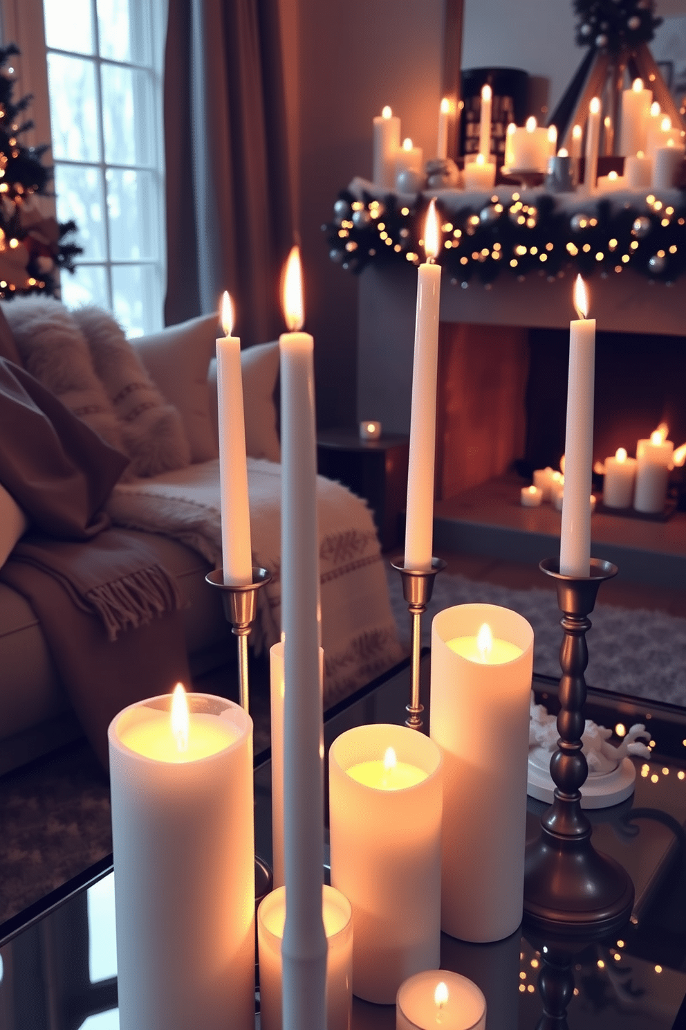 A cozy winter living room adorned with candles of varied heights and sizes. The flickering candlelight casts a warm glow over plush blankets and a stylish coffee table, creating an inviting atmosphere.