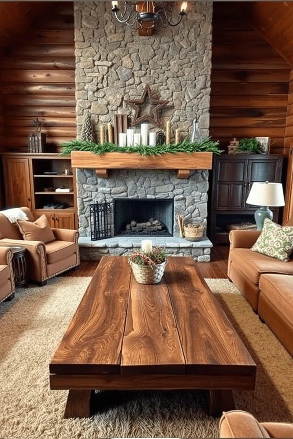 A cozy winter living room features wooden accents throughout the space. A large reclaimed wood coffee table sits in the center, surrounded by plush seating in warm tones. The walls are adorned with rustic wooden paneling, enhancing the inviting atmosphere. A stone fireplace is the focal point, with a wooden mantel decorated with seasonal greenery and candles.