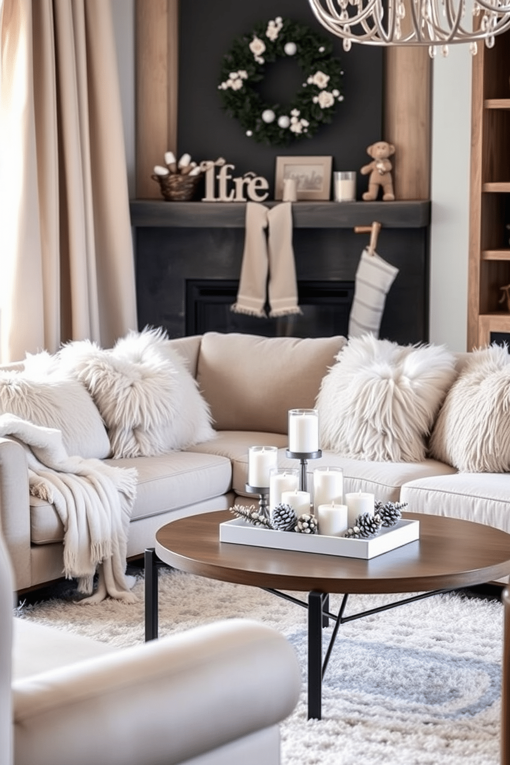 A cozy winter living room featuring a plush sofa adorned with faux fur cushions in soft neutral tones. A warm throw blanket is draped over the armrest, while a stylish coffee table sits in the center, topped with seasonal decor and candles.