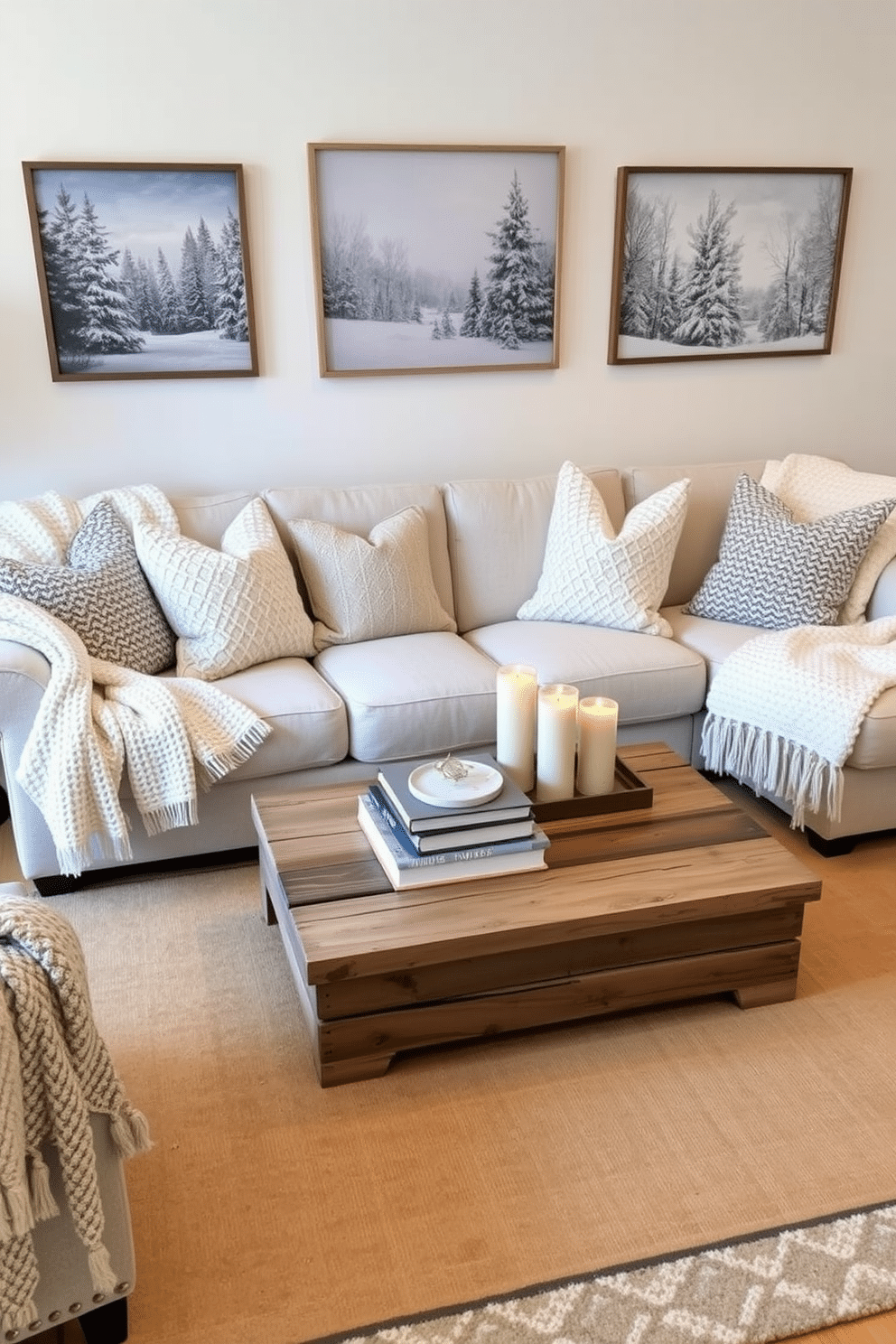 Create a cozy winter-themed living room that features a large, plush sofa adorned with soft, textured throw blankets in shades of white and light gray. The walls are decorated with framed wall art depicting serene winter landscapes and snow-covered trees, adding a touch of seasonal charm. Incorporate a rustic wooden coffee table in the center, topped with a stack of winter-themed books and a few decorative candles. Add a warm area rug with subtle patterns to enhance the inviting atmosphere and complete the winter decor.