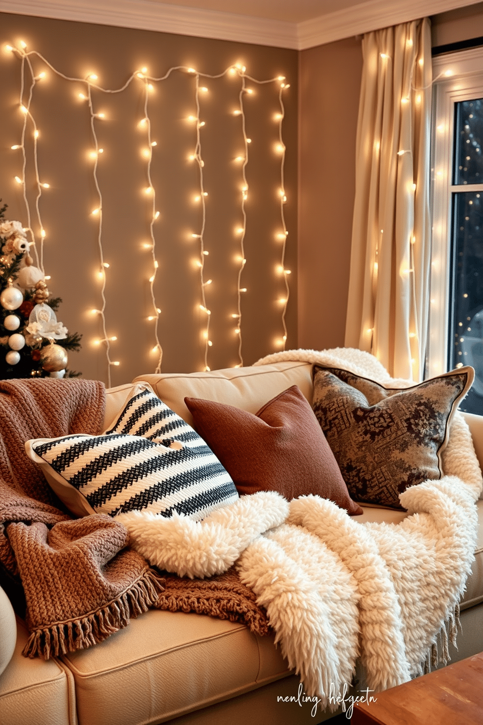 A cozy winter living room adorned with twinkling fairy lights that create a warm and inviting ambiance. Soft, plush blankets are draped over a stylish sofa, complemented by a mix of patterned throw pillows in rich, warm tones.