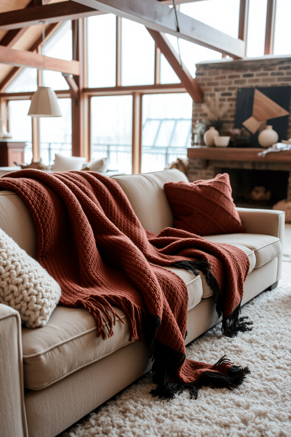 Cozy throw blankets are draped over plush sofas in a warm and inviting winter loft. The space features large windows that allow natural light to flood in, highlighting the soft textures and rich colors of the decor.