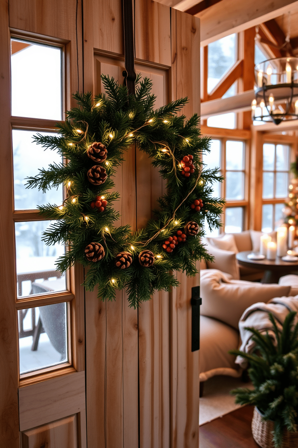 A cozy winter-themed wreath adorns a rustic wooden door, crafted from evergreen branches and accented with pinecones and red berries. The soft glow of fairy lights weaves through the wreath, creating a warm and inviting entrance. In the winter loft, plush textiles and layered blankets invite comfort, while large windows showcase the snowy landscape outside. The decor features a mix of natural wood elements and soft neutral colors, complemented by seasonal accents like candles and evergreen arrangements.