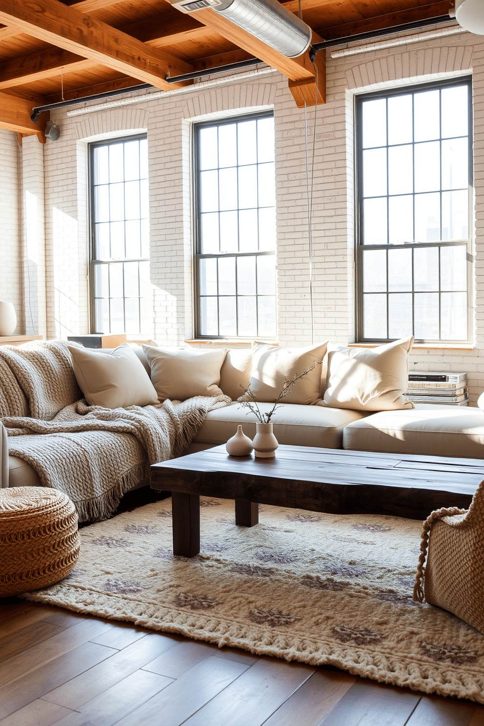 A cozy winter loft featuring soft, muted color palettes that evoke calmness. The space includes a plush sectional sofa draped with a chunky knit blanket and a pair of oversized pillows in pastel hues. Natural light pours in through large industrial windows, illuminating the warm wooden beams and whitewashed brick walls. A rustic coffee table made of reclaimed wood sits atop a soft area rug, surrounded by a few carefully curated decorative pieces.