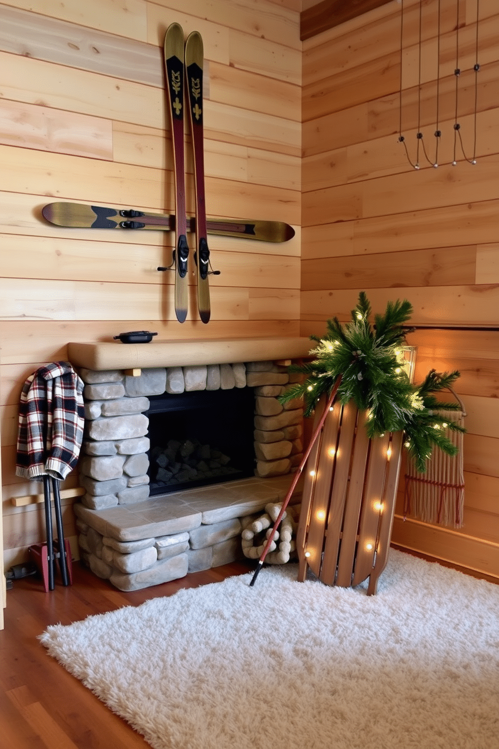 A cozy winter loft setting featuring vintage sleds and skis as decorative elements. The walls are adorned with rustic wooden panels, and the floor is covered with a soft, neutral-toned area rug. In one corner, a pair of vintage skis are mounted above a stone fireplace, creating a warm focal point. Nearby, a wooden sled is propped against a wall, decorated with evergreen branches and twinkling fairy lights.