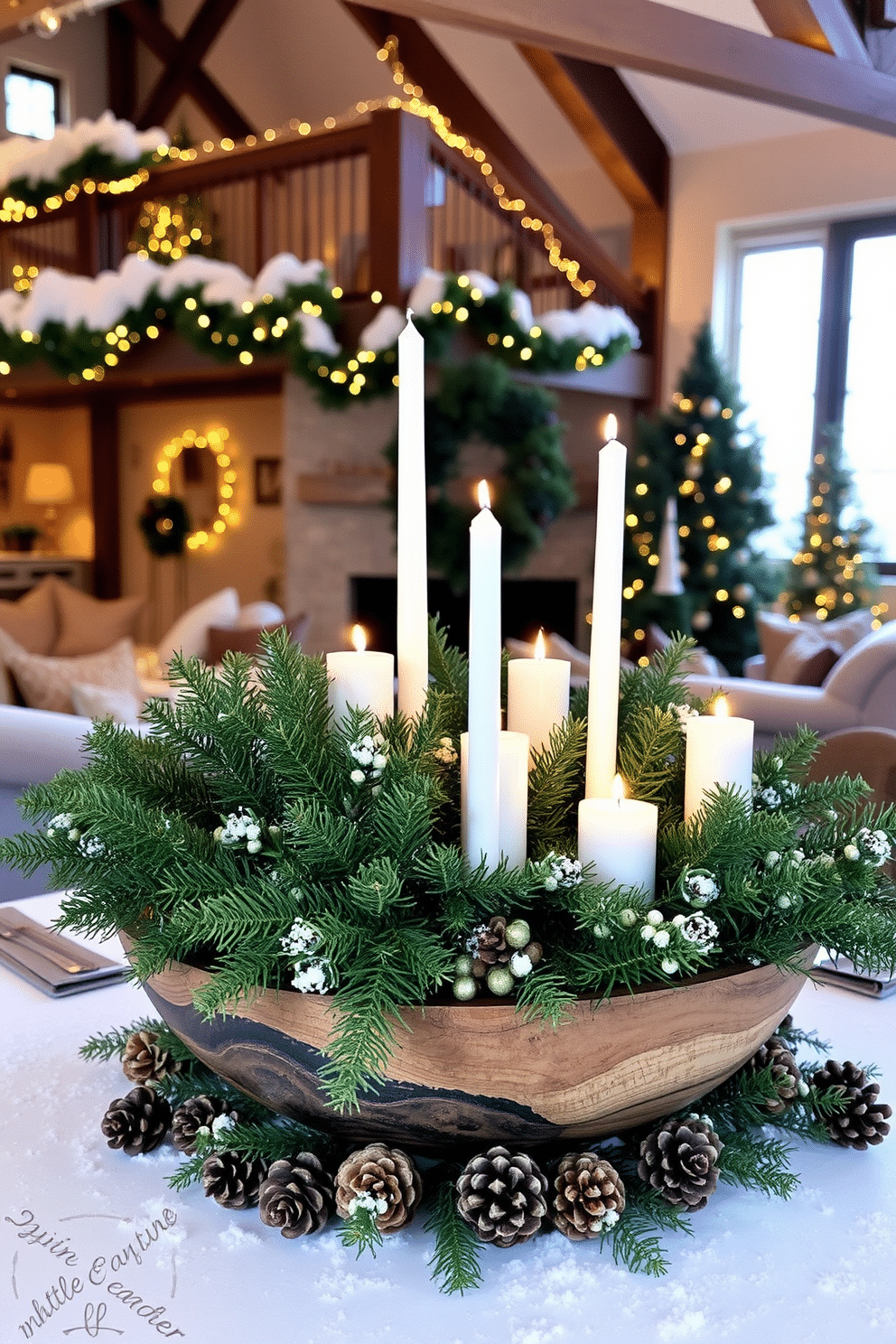 A stunning table centerpiece featuring lush evergreen branches arranged in a rustic wooden bowl. The backdrop showcases a cozy winter loft with warm lighting and soft textures, creating an inviting atmosphere. The evergreen branches are complemented by delicate white candles of varying heights, adding a touch of elegance. Surrounding the centerpiece, a collection of pinecones and faux snow enhances the winter theme, making the table a focal point of seasonal charm.