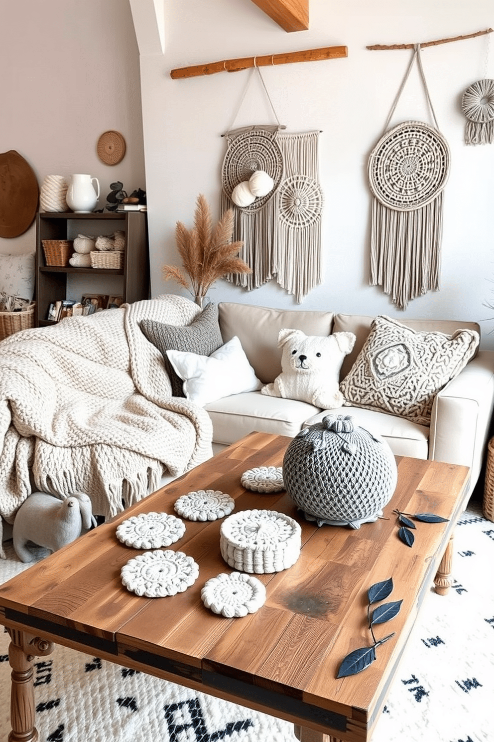 A cozy winter loft filled with knitted and crocheted decor items. Soft, chunky knit blankets are draped over a plush sofa, while decorative crocheted pillows add texture and warmth to the space. The walls are adorned with handmade yarn wall hangings in neutral tones. A rustic wooden coffee table showcases a collection of knitted coasters and a crocheted centerpiece, creating an inviting atmosphere.