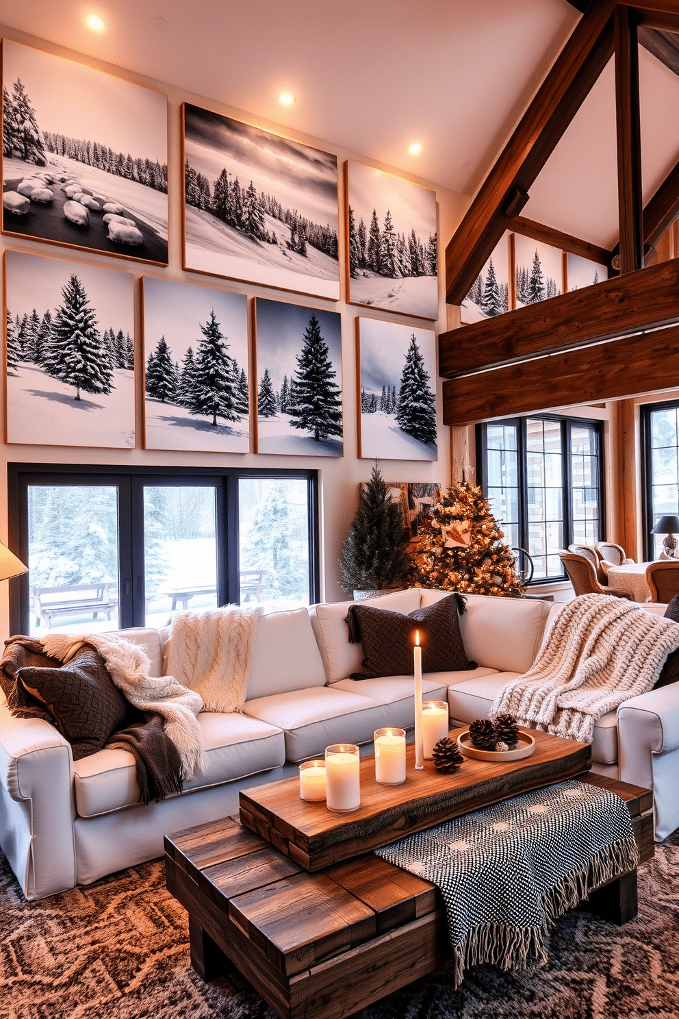 A cozy winter loft featuring a large wall adorned with winter-themed prints showcasing snowy landscapes and evergreen trees. The decor includes a plush white sofa with knitted throw blankets and a rustic wooden coffee table topped with pinecones and candles. The space is illuminated by warm lighting, creating a welcoming atmosphere. Large windows reveal a snowy scene outside, enhancing the winter ambiance within the loft.