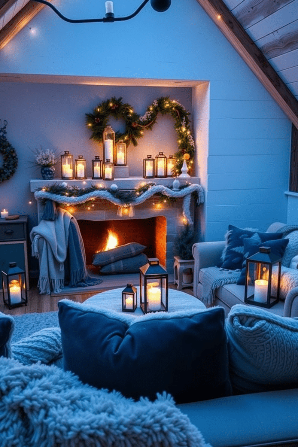 A cozy winter loft decorated with decorative lanterns that cast a warm glow throughout the space. The lanterns are placed on various surfaces, including the mantelpiece and coffee table, creating an inviting atmosphere. Soft textures and layered textiles enhance the comfort of the loft, with plush blankets draped over furniture and cushions arranged for relaxation. The color palette features deep blues and warm neutrals, complemented by the flickering light of the lanterns.