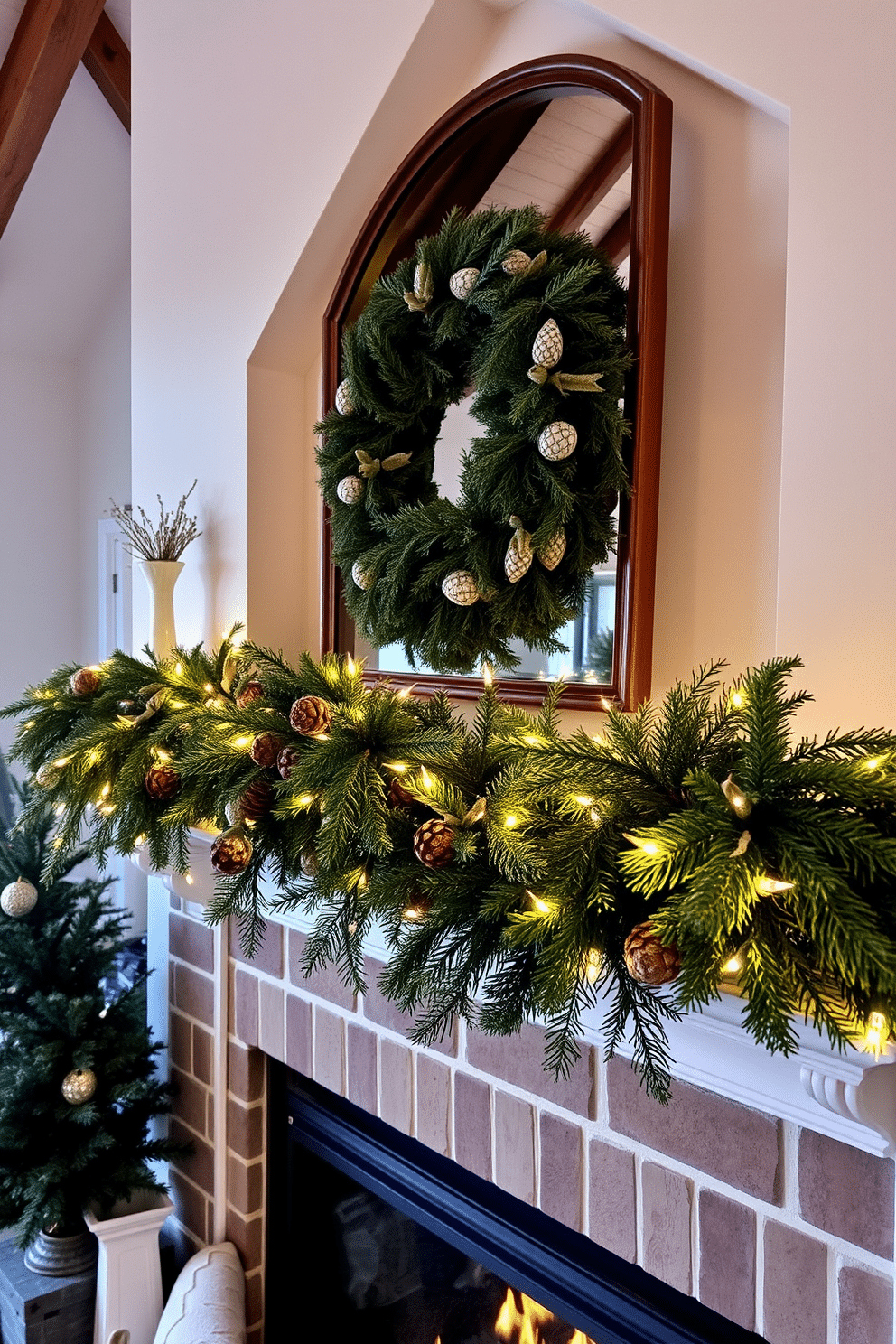 A cozy winter loft adorned with seasonal garlands draped elegantly over the mantel. The garlands feature a mix of evergreen branches, pinecones, and twinkling fairy lights, creating a warm and inviting atmosphere.