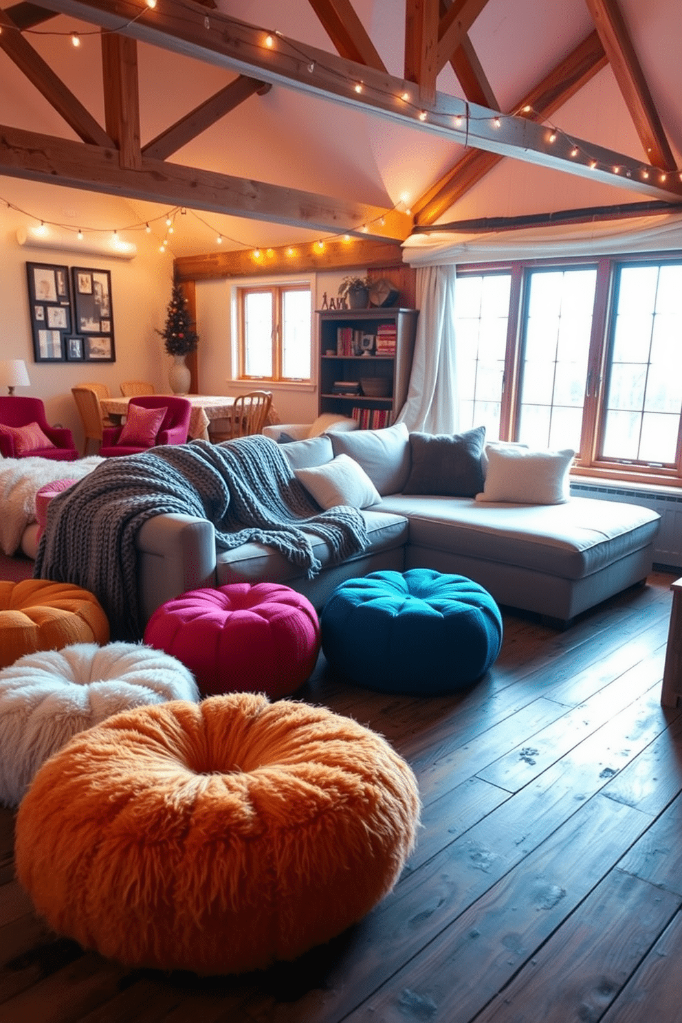 A cozy winter loft featuring comfortable seating areas adorned with plush poufs. The space is filled with soft textures and warm lighting, creating an inviting atmosphere perfect for relaxation. The seating arrangement includes a large sectional sofa draped with a chunky knit throw. Surrounding the sofa are colorful poufs that add a playful touch to the rustic wooden flooring.