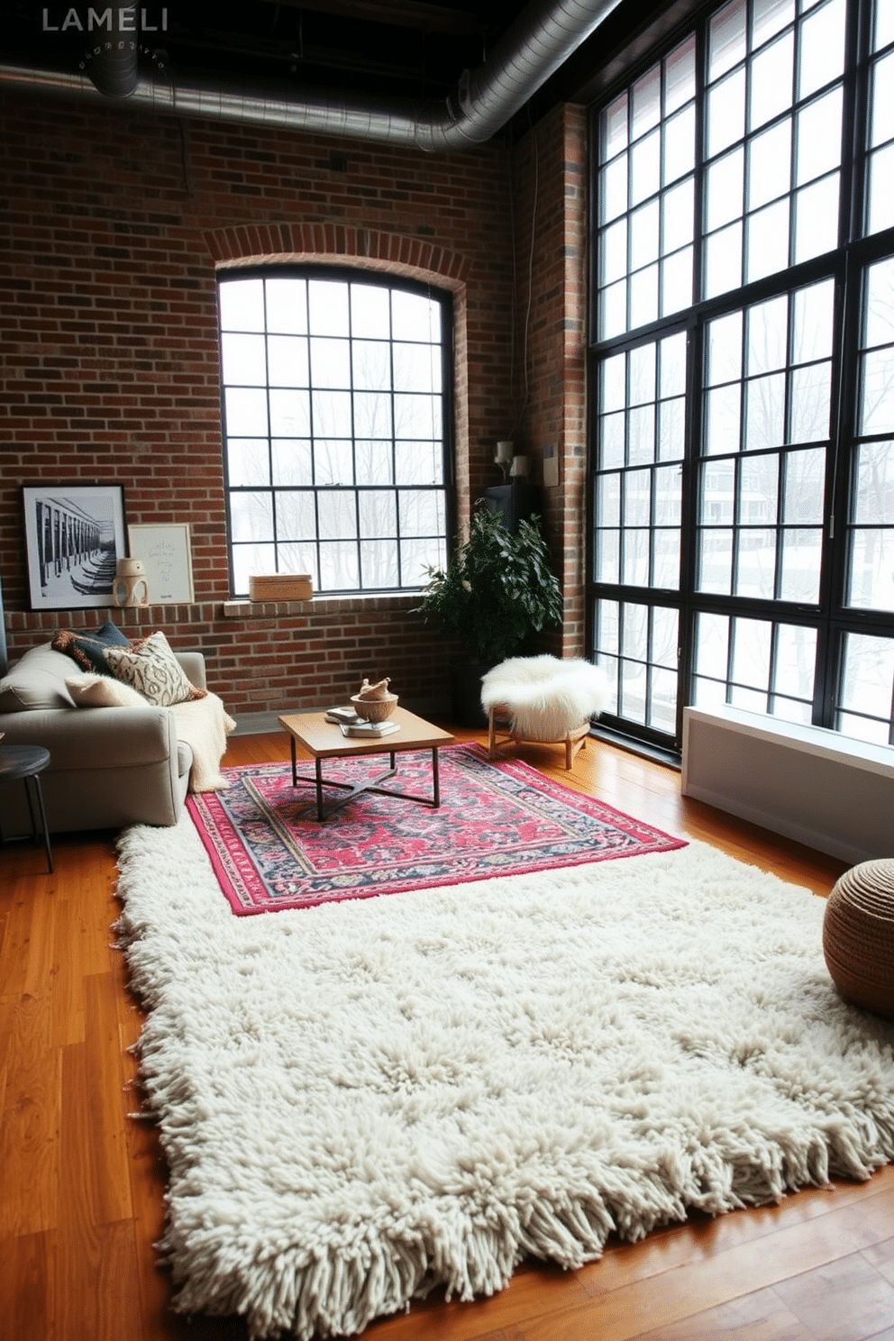 A cozy winter loft featuring layered rugs that add warmth and texture to the space. The first rug is a large, plush neutral tone, topped with a smaller, vibrant patterned rug that brings a pop of color to the room. The loft has exposed brick walls that contrast beautifully with the soft textiles. Large windows allow natural light to flood in, highlighting the inviting atmosphere created by the carefully chosen rugs.