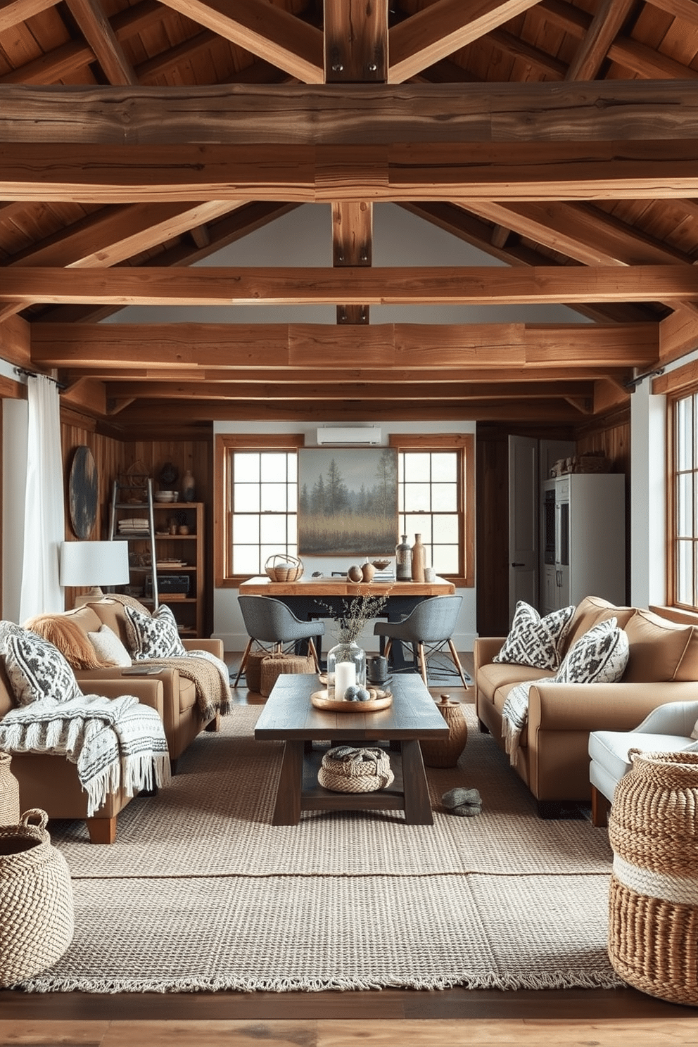 Create a cozy winter loft setting that emphasizes wooden accents for a rustic feel. Incorporate exposed wooden beams on the ceiling and a reclaimed wood coffee table at the center of the space. Add plush seating in warm tones with thick knit blankets draped over the chairs. Use a mix of natural textures, like a jute rug and woven baskets, to enhance the inviting atmosphere.